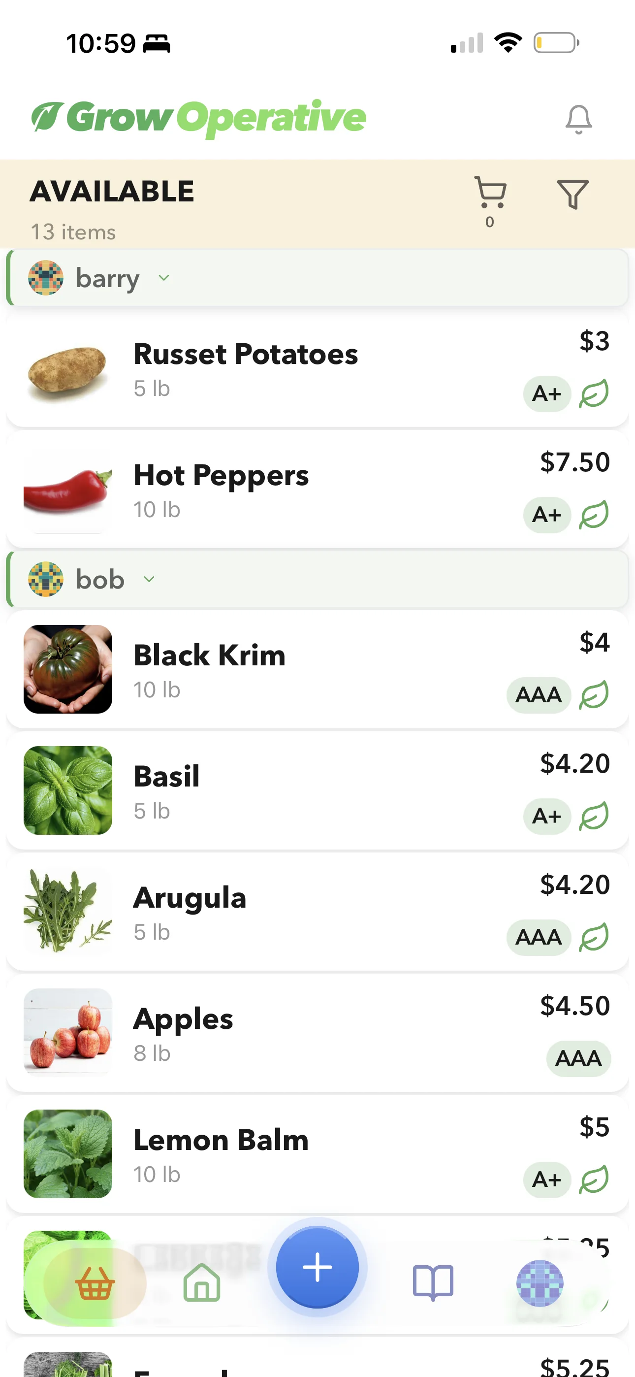 GrowOperative on a phone: the Available list, with neighbors' produce grouped by grower