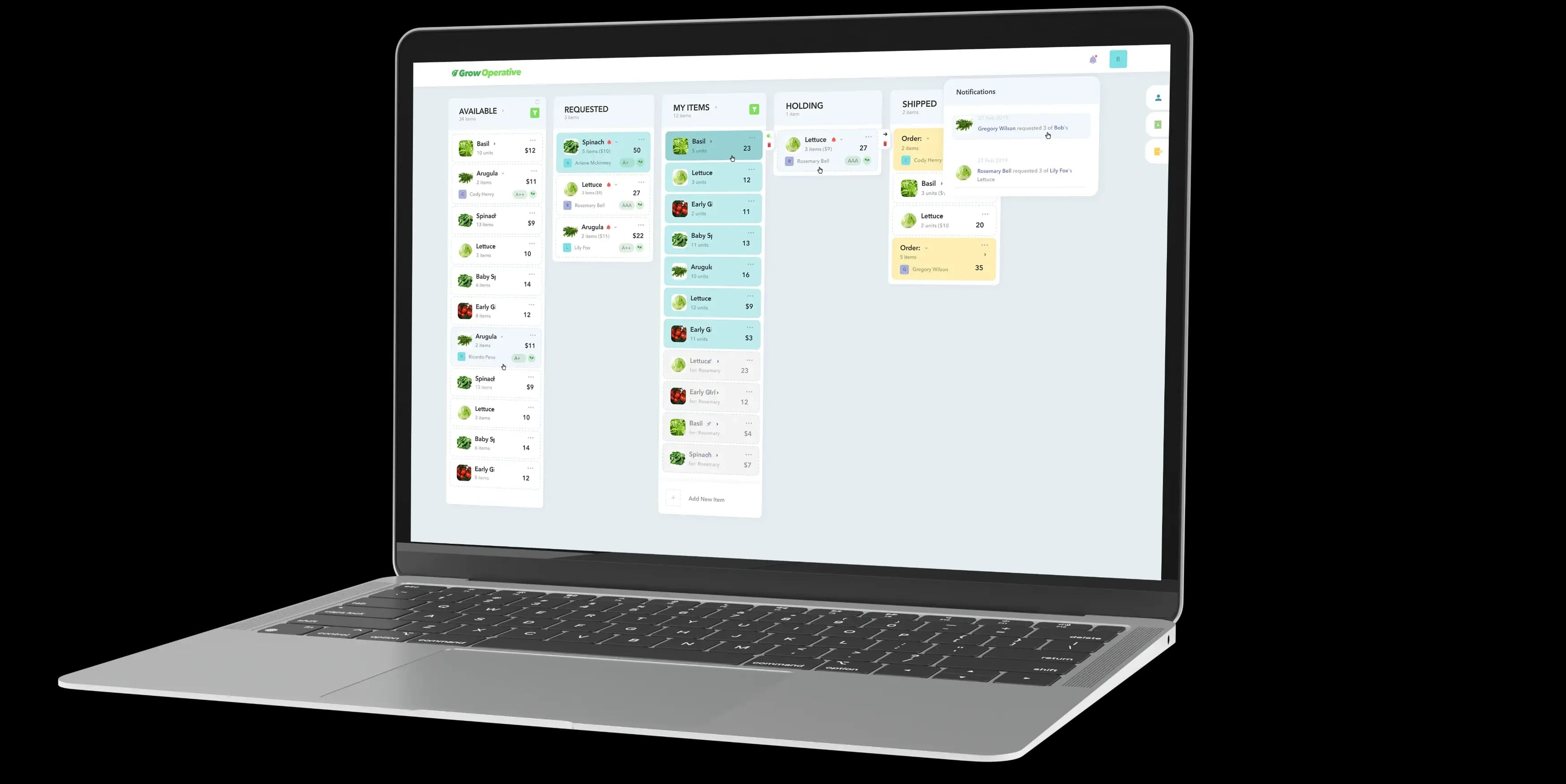 The GrowOperative web app in a browser: Available, Requested, My Items, Holding, and Shipped columns